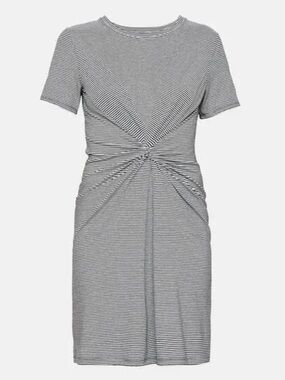 Theory Black & White Striped Twist-Front Midi Dress